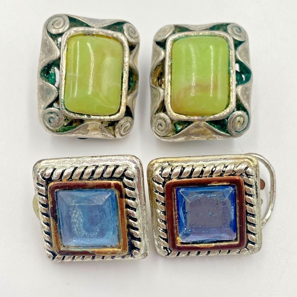 Vintage 2 Pair Lot Clip On Earrings Green Cabochon Blue Glass Square Retro Set